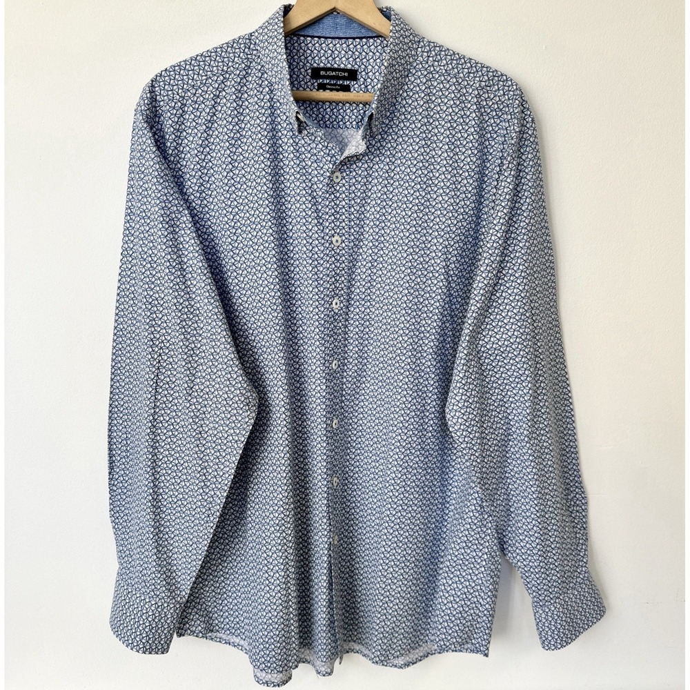 Bugatchi XL Men's Long Sleeve Classic Fit Comfort Stretch Blue White Gray Shirt